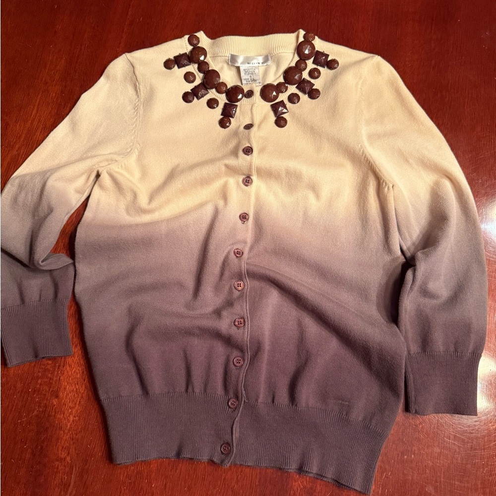 WD.NY Cream and Brown Cardigan Sweater with Gradient Design